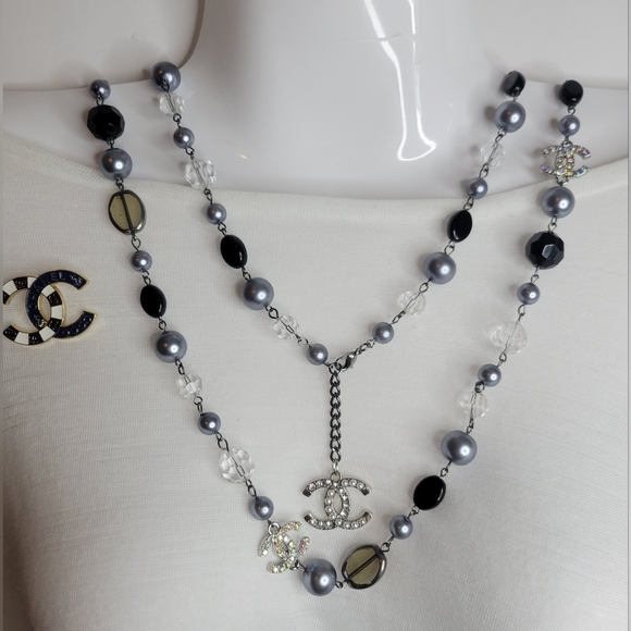 3 Piece Set 2 Beaded Chains with CC zipper Pulls & CC Brooch